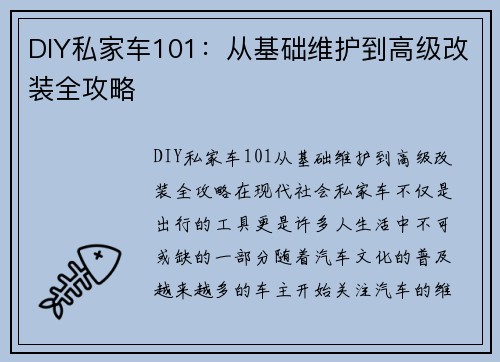 DIY私家车101：从基础维护到高级改装全攻略